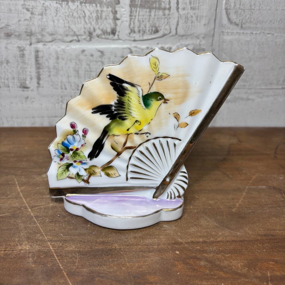 Vintage Porcelain Fan Shaped Bird and Floral Holder